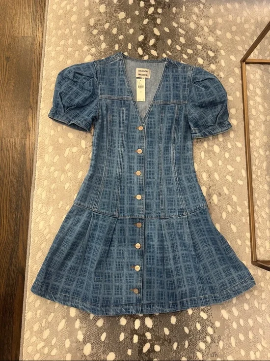 Anthropologie Blue Denim Button-Front Puff-Sleeve Mini Dress - Picture 1 of 1